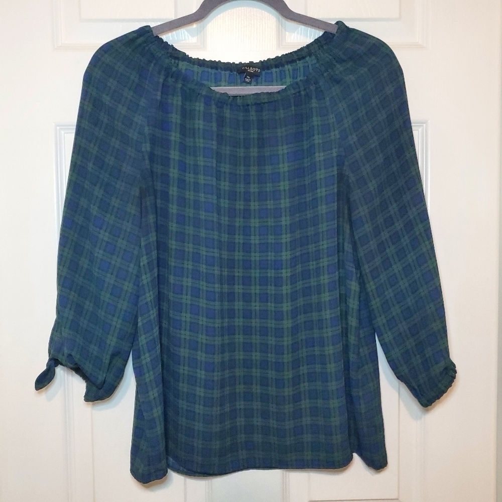 Talbots tartan plaid blouse top navy blue green 3/4 sleeves off shoulder MP